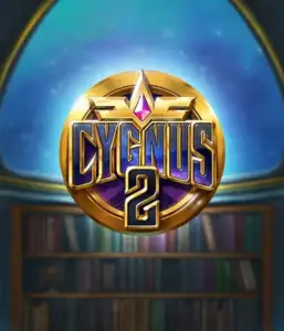 Explore the magical graphics of ELK Studios' Cygnus 2 Slot, highlighting a stunning golden emblem with a vibrant purple and gold design. With a backdrop of a mystical background of a library, this image conjures the essence of exploration and mystery. 